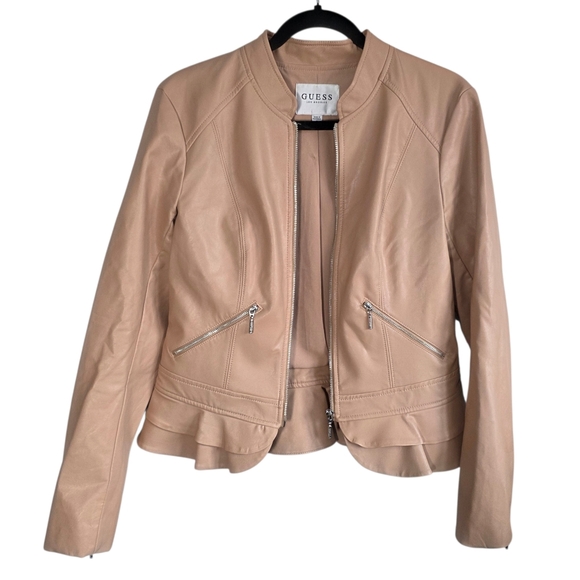 Guess Los Angeles Faux Leather Moto Jacket Womens M Tan Ruffle Hem Zip Front - Picture 5 of 11